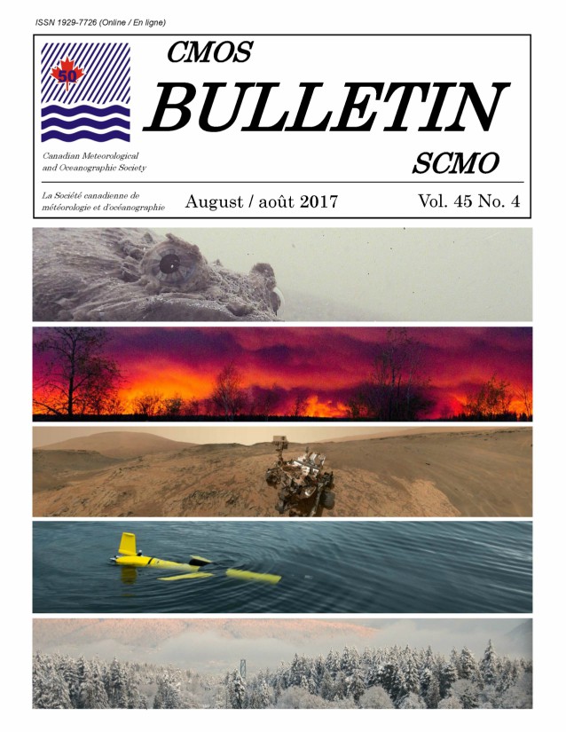 Cover shows five different images. Top is a close up of an Oyster Toad Fish, showing only the protruding eyes. Second from top is a firey skyline, full of billowing clouds. Middle image is a shot of the curiosity rover on the barren sandy landscape of Mars. Fourth is a yellow "glider", a piece of equipment shaped much like a plane, sitting just at the water's surface. Bottom image is a very snowy treeline, with snowy Mountains in the distance.
