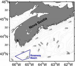 Map of Nova Scotian coastal waters (bathymetry in grey contours and depth in m) with Roseway Basin Critical Habitat, an area off the southwestern tip of Nova Scotia, outlined in blue.