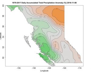 Map of BC showing daily accumulated total precipitation anomaly (%) relative to 1979 to 2017.