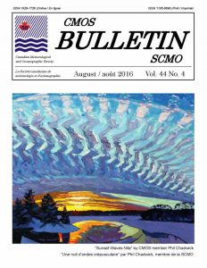 Front cover of Volume 44 Number 4 of the CMOS Bulletin SCMO, August 2016. Cover shows a painting by Phil Chadwick. Read cover story on page 2 for full description.