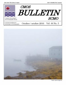 Cover of the CMOS Bulletin SCMO Cover, Vol. 44 No. 5, October 2016. Image shows a very foggy coastline, with a pebbled shoreline filled with piles of seaweed in the foreground, and a wooden building and small wharf just behind.