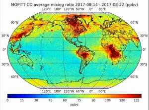 MOPITT map of carbon monoxide (CO) over the planet for 14-22 August 2017 with interpolation to fill data gaps. The CO outflow from the summer forest fires in Western Canada covers much of Canada and there are several other centres of CO production visible.