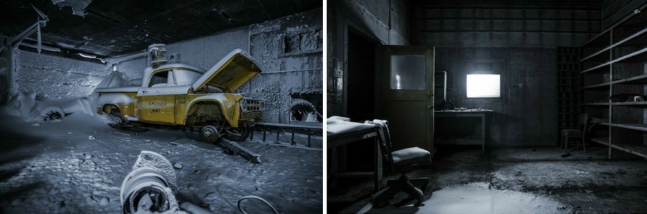 Two photos from the abandoned Isachsen weather station. The first shows an old yellow pick up truck, with the word Isachsen printed on the side. It sits in a frozen room covered in snow with the hood up. The second shows an empty frozen office, with some shelving, a desk and an office chair. 