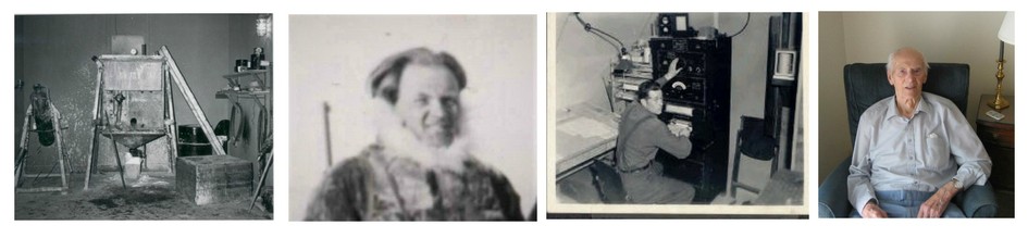 Four photos, the first three are old black and white photos. The first shows an old piece of equipment, the Hyrdogen Generator. The second shows a caucasian man warmly dressed, head and shoulders only, Per Stoen. The third is a young Jud Courtney and the fourth is Jud Courtney, as an elderly man, in his home.