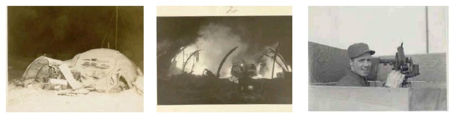 Three black and white images. The first two show a building on fire. The third shows a young man operating a piece of equipment at Eureka.