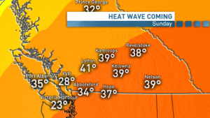 Image shows a forecast map of western canada. Colours are all shades of orange with temperatures up to 41 degrees celsius