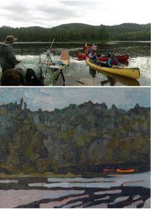 Two images top one shows Phil Chadwick painting a scene beside a lake with several other EcoArtists in their canoes on the lake. Bottom image shows one of Phil Chadwick's finished paintings from the DRAW retreat titled Morning on Robinson Lake