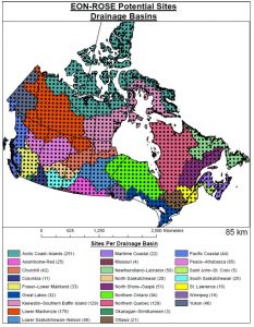 Map showing the proposed distribution of earth observation stations (black dots) for the pan-Canadian EON-ROSE network superimposed on major drainage basins
