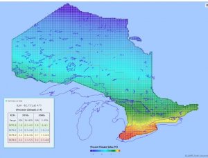 Sample OCDP map showing colours ranging from red to yellow to green to blue as you go from southern ontario to northern ontario.