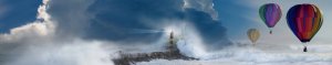 Banner image for the story Les dix événements météorologiques les plus marquants au Canada en 2018 shows a lighthouse, crashing waves, and 3 hot air balloons
