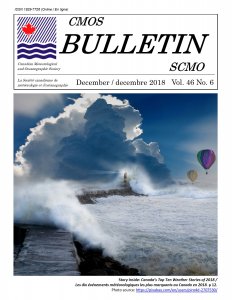 Cover of CMOS Bulletin for December 2018 Vol.46 No.6 shows a lighthouse, waves crashing, and two hot air balloons
