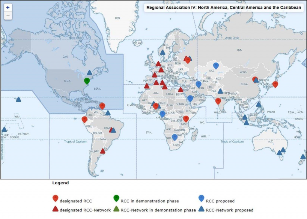 Figure from ArcRCC article by Michael Crowe shows a map of the world with a legend indicating the locations of different RCCs.