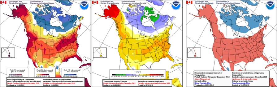 Three maps showing forecasts for all of North America