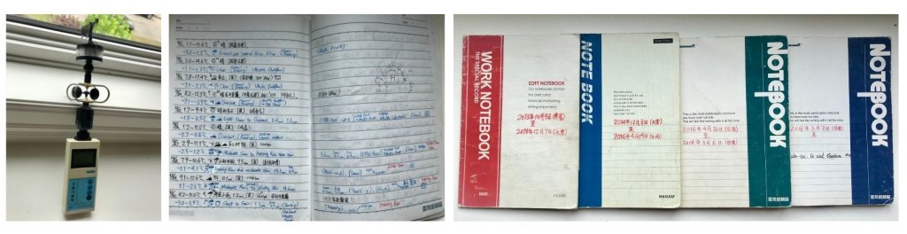 Three photos, showing a handheld weather recording device, an open page of data and writing, and several closed log books.
