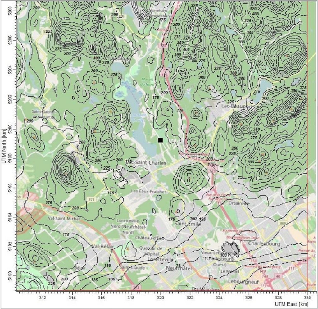 A topographical map of the research study area around Lac Saint-Charles