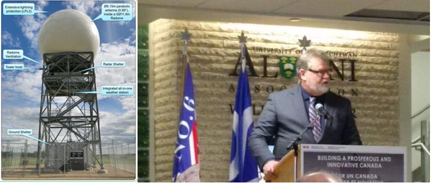 Shows two photos. Metal structure with white spere on top, outside, blue sky behind. Other photo is David Grimes, caucasian male, at an official looking podium.