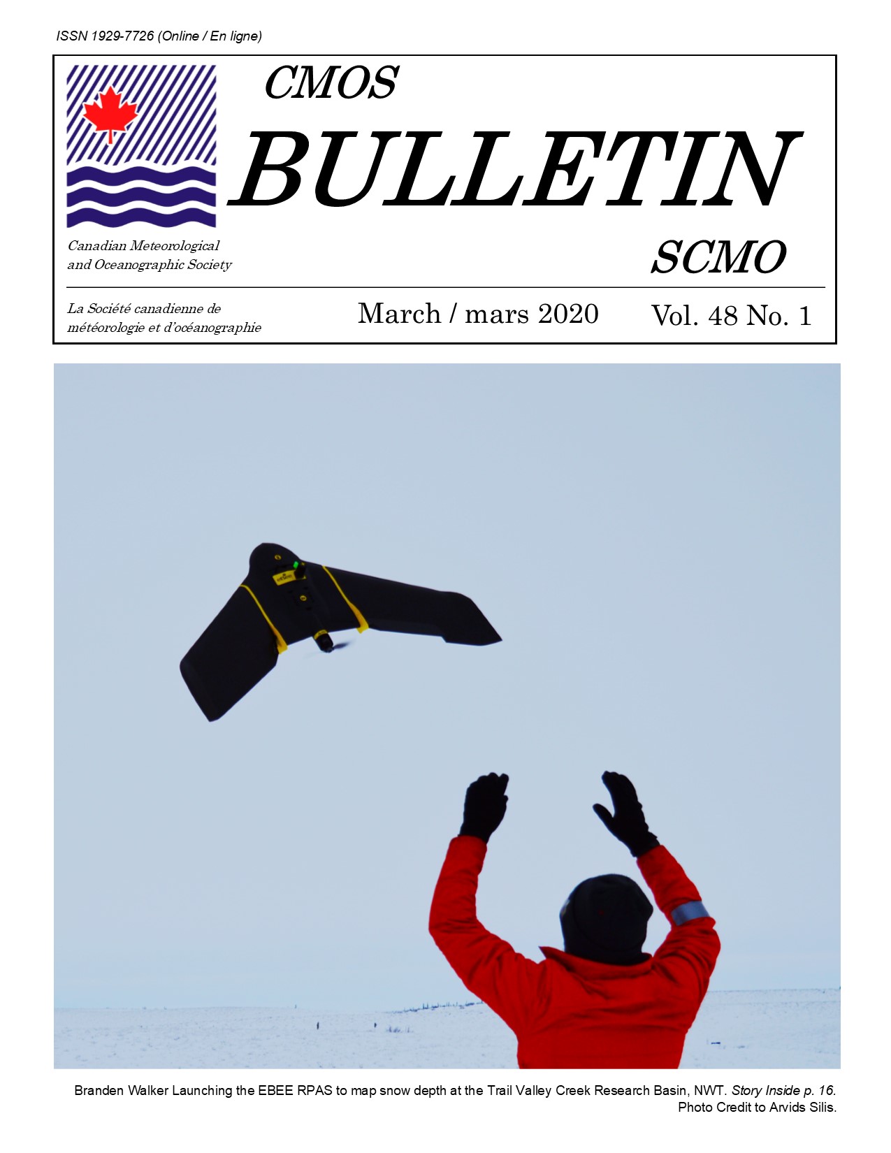 cover of CMOS bulletin vol.48 no.1 shows branden walker launching a drone